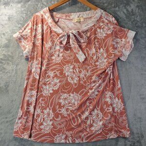 Diana Belle Womens XL Rust Red White Floral‎ Bow Neck Blouse Boho Cottagecore